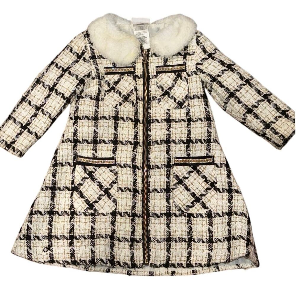 Blueberi Boulevard Girls 3T Tweed Coat Black White Gold Faux Fur Collar Holiday